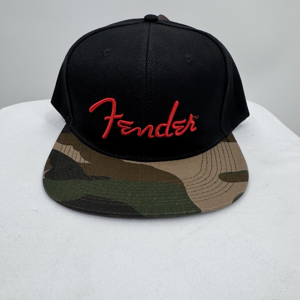 Fender Guitars Hat Cap Unisex Spaghetti Logo‎ Black & Camo Flatbill Snapback New